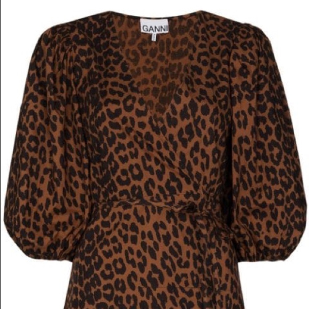 NWOT Ganni Leopard Print Balloon Sleeve Wrap Top, Size 34 - Picture 5 of 6